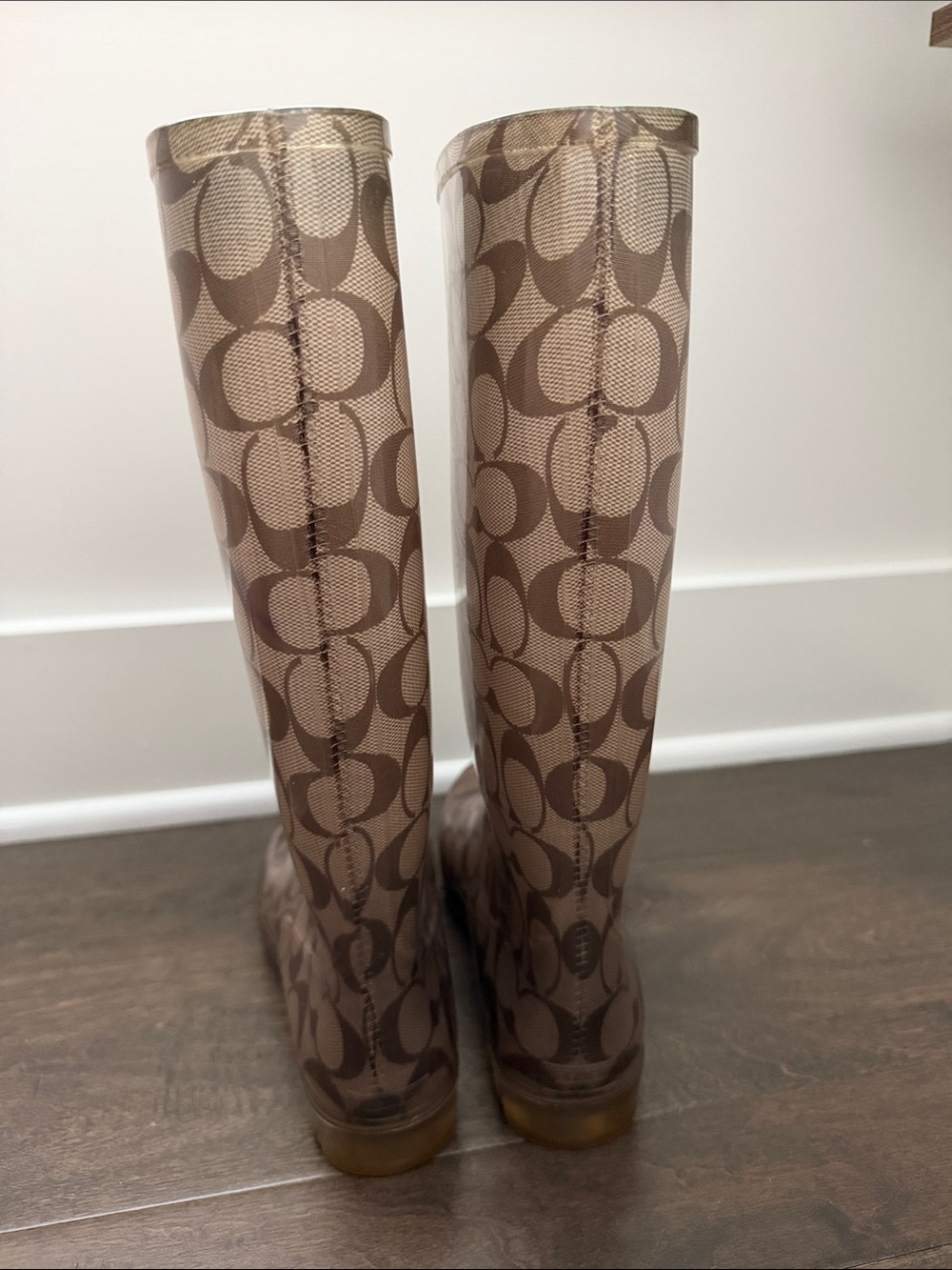 Coach Brown Signature Pattern Rain Boots - Women's Tall Waterproof - Picture 4 of 8